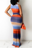 Blue Fashion Sexy Print Basic Halbes ärmelloses Kleid mit Rollkragen