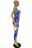 Lila Sexig Casual Tie Dye Printing Skinny Jumpsuits med en axel