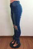 Jeans azul bebê moda casual sólido rasgado e vazado cintura alta regular