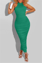 Зеленое модное сексуальное однотонное платье без рукавов с круглым вырезом