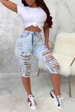 Blue Sexy Solid Mid Waist Skinny Distressed Ripped Denim Shorts