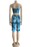 Peacock Blue Fashion Casual Print Tie Dye Backless Spaghetti Strap Sleeveless Two Pieces