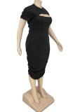 Negro sólido ahuecado medio cuello alto falda lápiz vestidos de talla grande