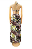 Yellow Fashion Sexy Print Hollowed Out Backless Halter Sleeveless Two Pieces