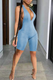 Baby Blue Sexy Casual Solid Backless Halter Sleeveless Skinny Romper