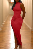 Красное модное сексуальное однотонное платье без рукавов с разрезом на половину водолазки