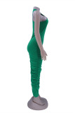 Зеленое модное сексуальное однотонное платье без рукавов с круглым вырезом