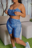 Синий модный сексуальный принт с открытой спиной Спагетти ремень без рукавов из двух частей