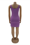 Фиолетовое сексуальное повседневное платье-жилет с буквенным принтом и U-образным вырезом