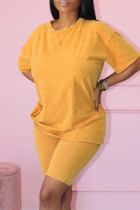 Желтый Мода Повседневная Твердая Базовая О-образным вырезом С коротким рукавом Из двух частей
