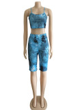 Peacock Blue Fashion Casual Print Tie Dye Backless Spaghetti Strap Sleeveless Two Pieces
