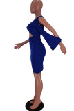 ディープブルーファッションセクシーなソリッドくり抜かれた斜めの襟の長袖のドレス