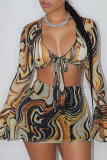 Yellow Sexy Print Patchwork V Neck Long Sleeve Two Pieces