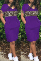 Purple Fashion Casual Print Leopard Split Joint V Neck Short Sleeve Dress