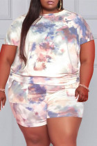 Multicolor Mode Casual Tie Dye Printing O Neck Plus Size Two Pieces