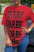 T-shirt con scollo a O basic con stampa di lettere casual alla moda rossa