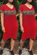 Red Fashion Casual Print Leopard Split Joint V Neck Short Sleeve Dress