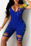 Blue Sexy Patchwork Ripped Tie-dye V Neck Skinny Rompers