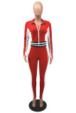 Red Casual Sportswear Patchwork Basic Zipper Collar Long Sleeve Two Pieces