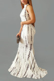 ホワイト ファッション セクシー プリント バックレス ホルター ノースリーブ ドレス