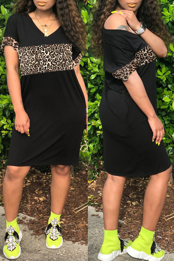 Черное модное повседневное платье с леопардовым принтом в стиле пэчворк и V-образным вырезом с коротким рукавом
