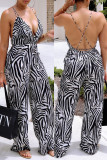 Black And White Fashion Sexy Print Backless V Neck Regular Sling Jumpsuits