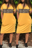 オレンジ ファッション カジュアル プリント ヒョウ パッチワーク V ネック半袖ドレス