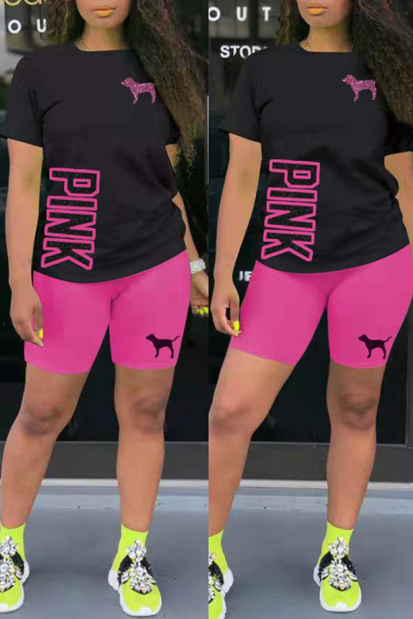 ピンクファッションカジュアルレタープリントベーシックOネック半袖ツーピース