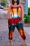 Red Fashion Casual Tie Dye Printing Spaghetti Band Regular Jumpsuits