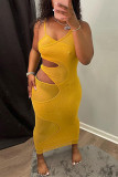 Yellow Fashion Sexy Solid Hollowed Out Backless V Neck Sling Dress
