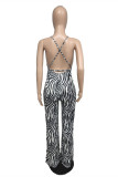 Black And White Fashion Sexy Print Backless V Neck Regular Sling Jumpsuits