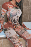 Коричневый модный сексуальный принт в стиле пэчворк с прозрачным круглым вырезом и длинным рукавом из двух частей