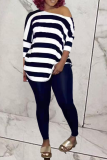 Black Casual Striped Patchwork O Neck Half Sleeve Two Pieces