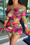 Multicolor Fashion Sexy Print Kordelzug Backless Bateau Neck Printed Dress