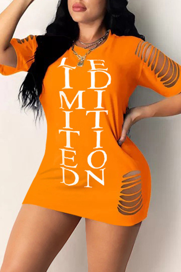 Vestido de manga curta casual moda laranja com estampa de letras rasgada