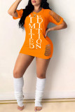 オレンジファッションカジュアルレタープリントリップドOネック半袖ワンピース
