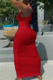 Röd Mode Sexig Solid Rippad urholkad V-ringad västklänning