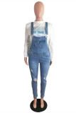 Baby Blue Fashion Casual Solid Ripped Pocket Regular Denim Jumpsuits