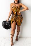 Gele mode sexy print backless strapless onregelmatige jurk