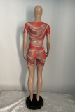 Red Sexy Print Mesh O Neck Short Sleeve Two Pieces