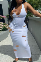Белое модное сексуальное однотонное рваное платье с V-образным вырезом и жилетом