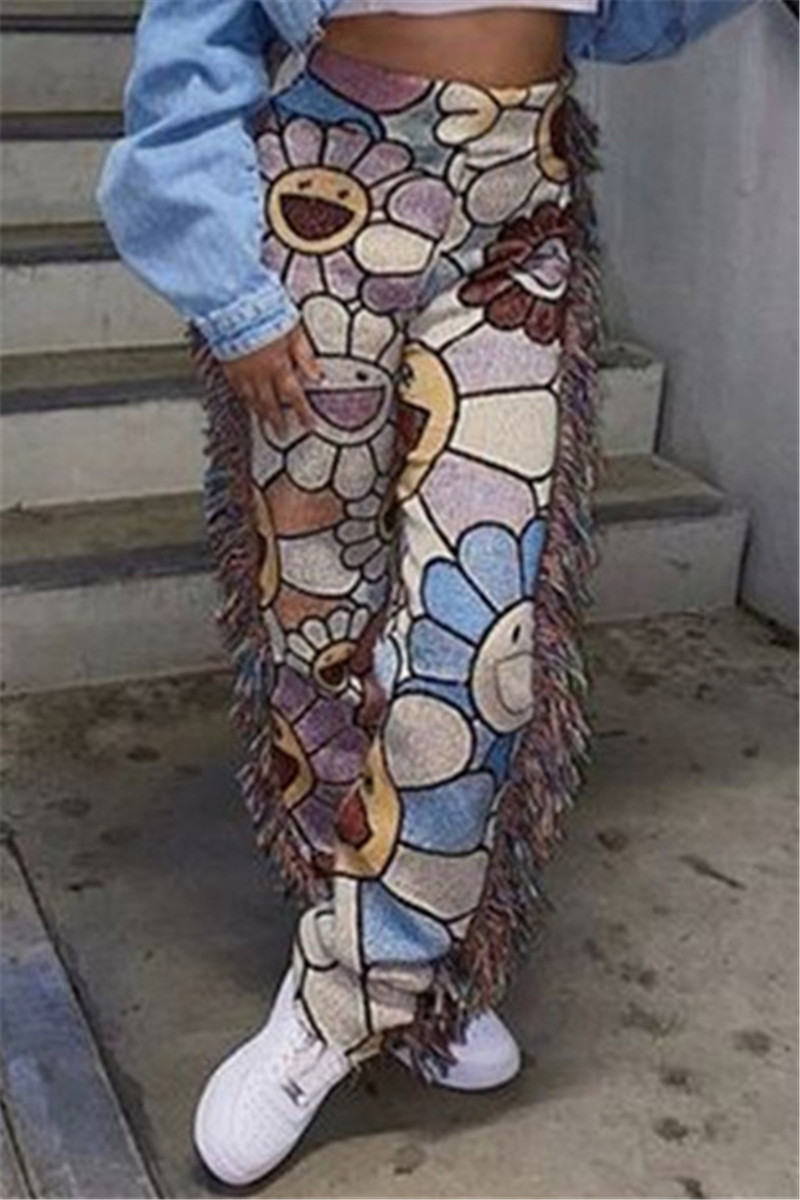

Multicolor Fashion Casual Print Tassel Regular Mid Waist Trousers