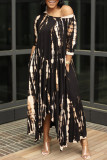 Черно-коричневое модное базовое платье с круглым вырезом и асимметричным принтом