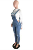 Baby Blue Fashion Casual Solid Ripped Pocket Regular Denim Jumpsuits
