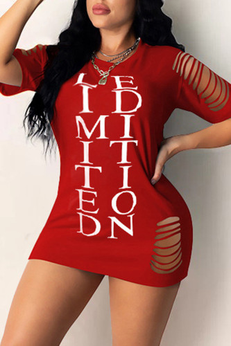 Red Fashion Casual Letter Print Ripped O Neck Short Sleeve Dress