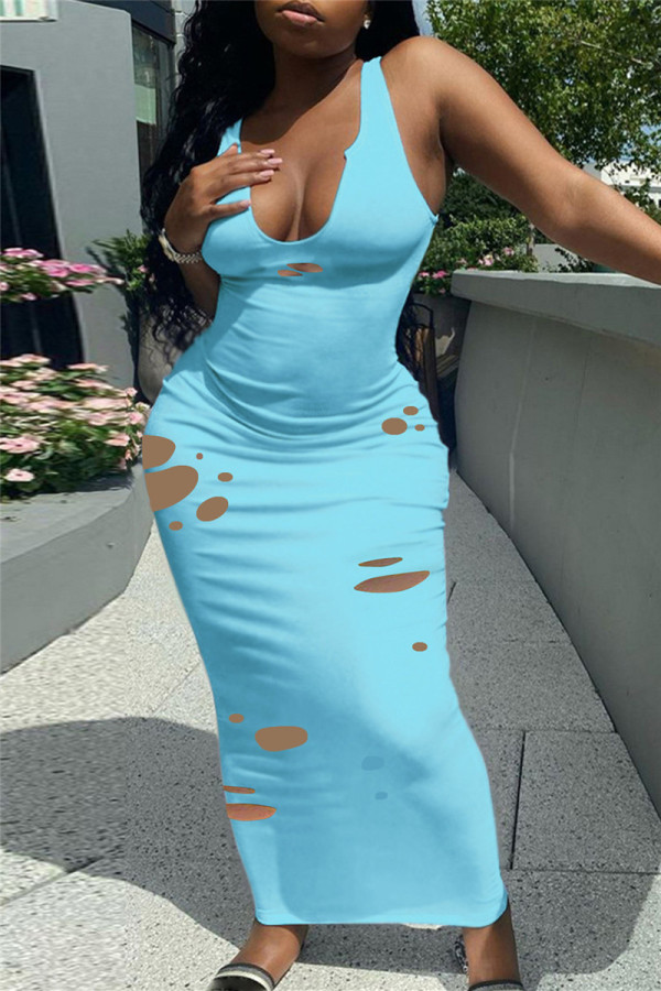 Небесно-голубое модное сексуальное однотонное рваное платье с V-образным вырезом и жилетом