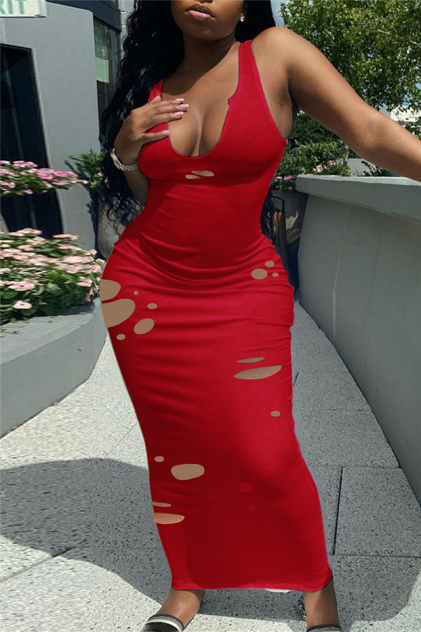 Красное модное сексуальное однотонное рваное платье с V-образным вырезом и жилетом