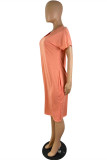 Оранжевое модное повседневное однотонное базовое платье с v-образным вырезом и короткими рукавами