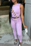 Светло-фиолетовый модный сексуальный сплошной выдолбленный ремешок с круглым вырезом без рукавов из двух частей