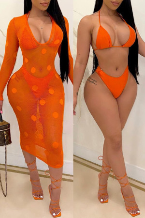 Conjunto de tres piezas de trajes de baño transparentes de punto sexy de moda naranja